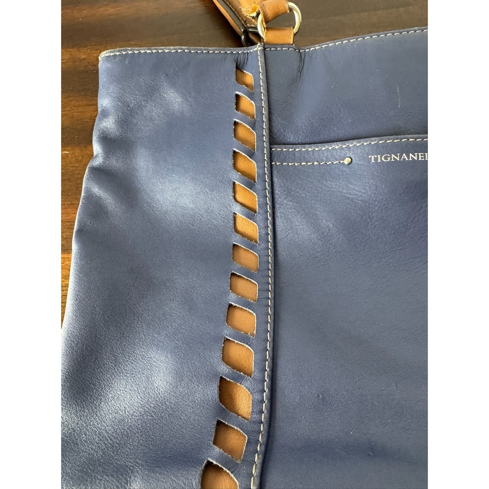 Tignanello Leather Tote Bag Navy‎ Blue Brown Shoulder Handbag Large - Picture 3 of 13